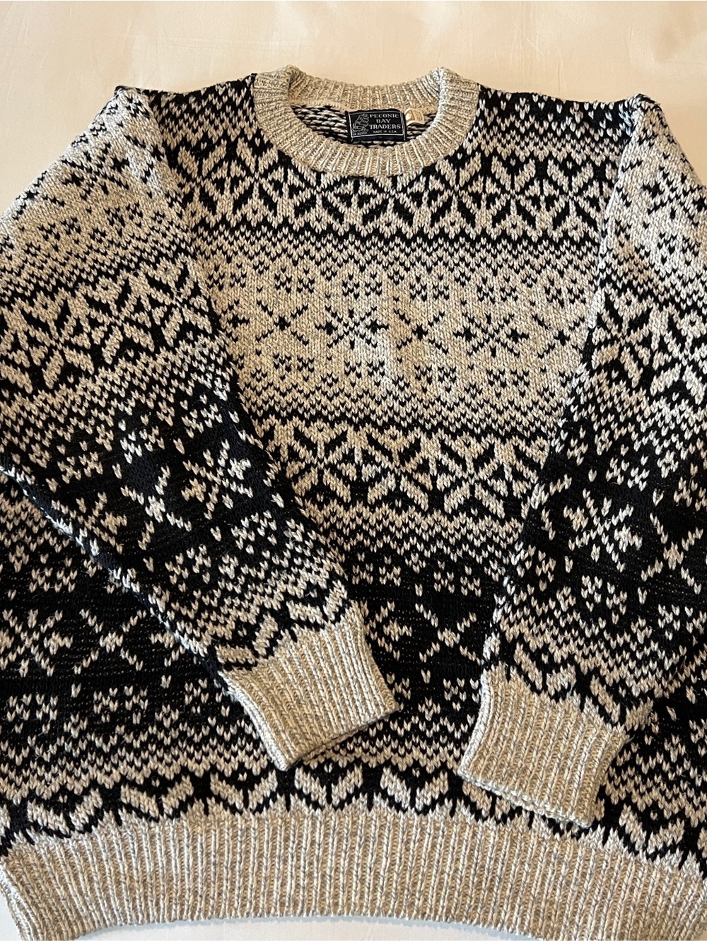 Classic Black and Cream Fair Isle Cotton Crewneck Sweater - Men